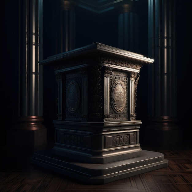 A large, ornate, silver, and gold podium sits in a dark room.