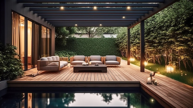 A large outdoor deck with a pool and a wooden deck with a wooden roof and a wooden table with a sofa