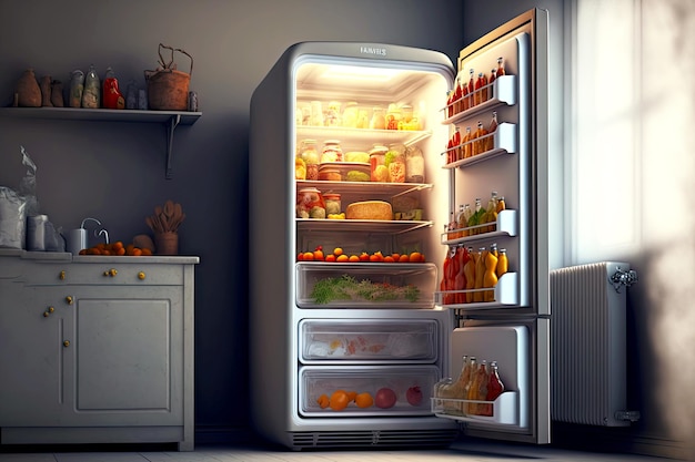 Large outdoor fridge stuffed with food in kitchen