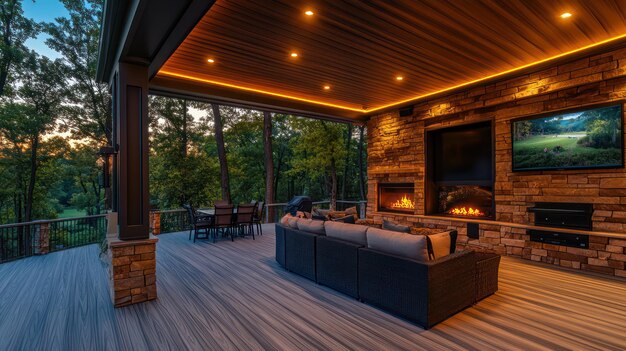 a large outdoor living room with a fireplace and a stone fireplace