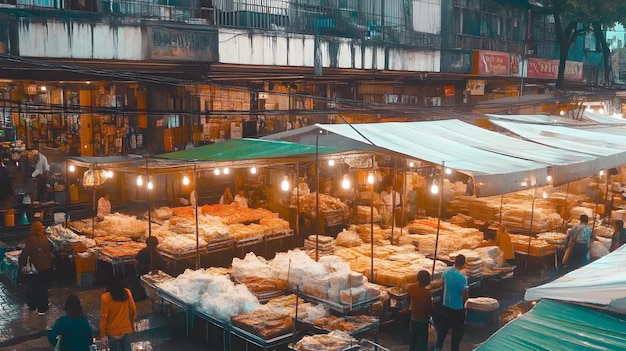 a large outdoor market with a sign that says  the price of the chicken