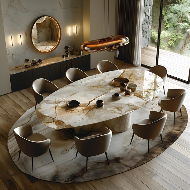 Photo a large oval dining table with a mirror above it