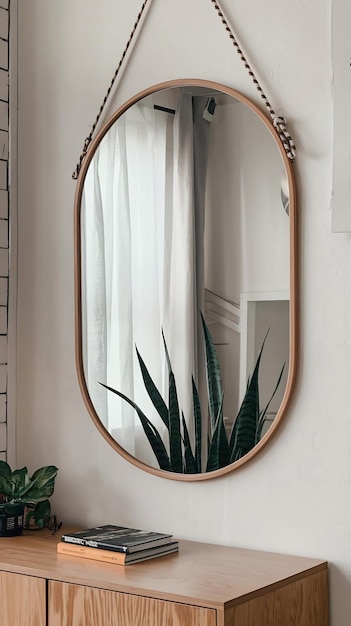 Photo a large oval mirror is hanging on a wall with a plant in the corner