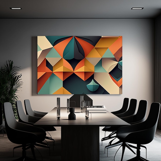 A large painting hangs on a wall in a meeting room.