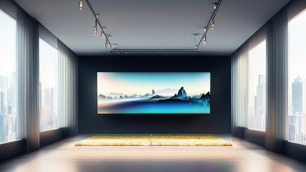 A large painting hangs on a wall in a room with a blue sky and a few lights.