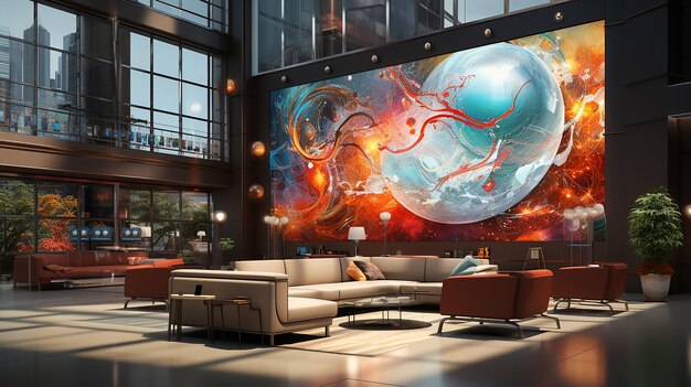 a large painting of a planet is on the wall of a lobby