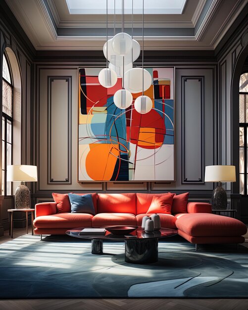 a large painting of a red couch with a red couch and lamps