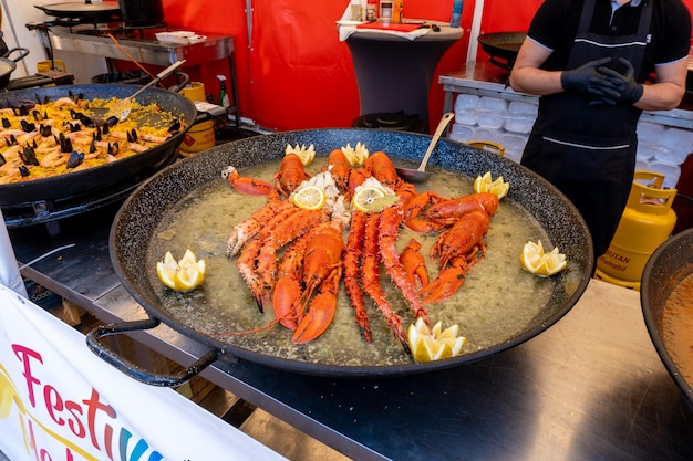 A large pan of crab on a table