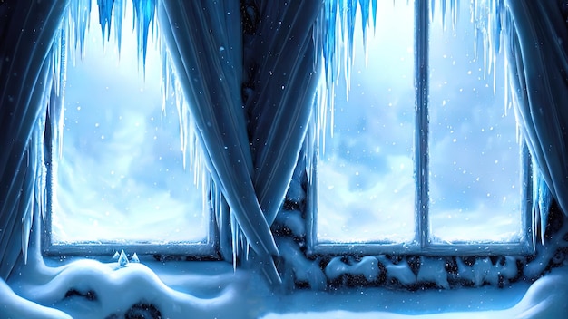 Large panoramic frozen winter window Dark room with a large window snow and ice on the window Winter background fantasy interior Christmas window 3D illustration