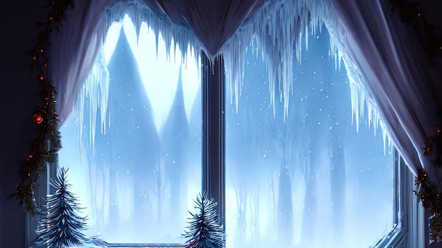 Large panoramic frozen winter window Dark room with a large window snow and ice on the window Winter background fantasy interior Christmas window 3D illustration