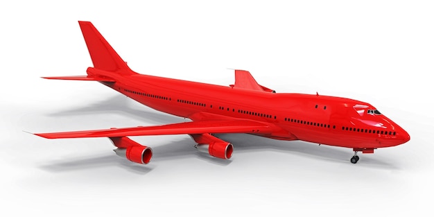 Large passenger aircraft of large capacity for long transatlantic flights. Red airplane on white isolated background. 3d illustration.