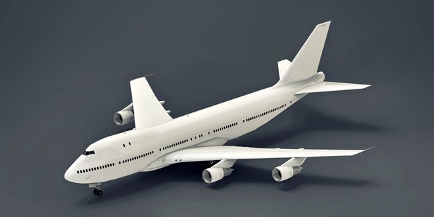 Large passenger aircraft of large capacity for long transatlantic flights. White airplane on gray isolated background. 3d illustration.