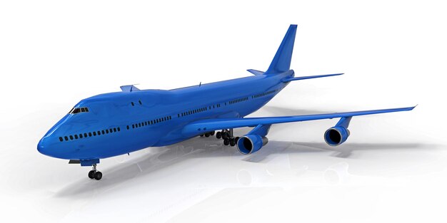 Large passenger aircraft for long transatlantic flights Blue airplane on white background