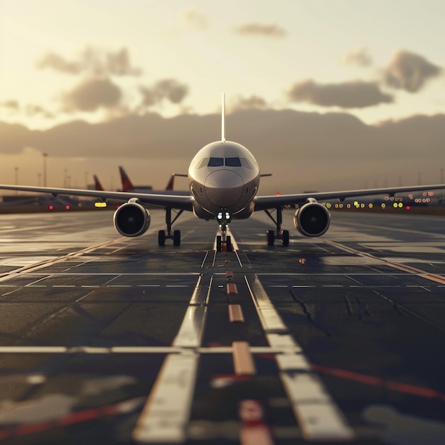 a large passenger jet is on the runway at sunset