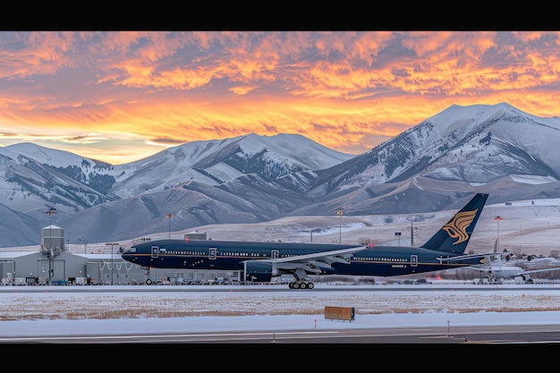 A large passenger jet takes off from a snowy runway with the sun rising over a mountain range in the background