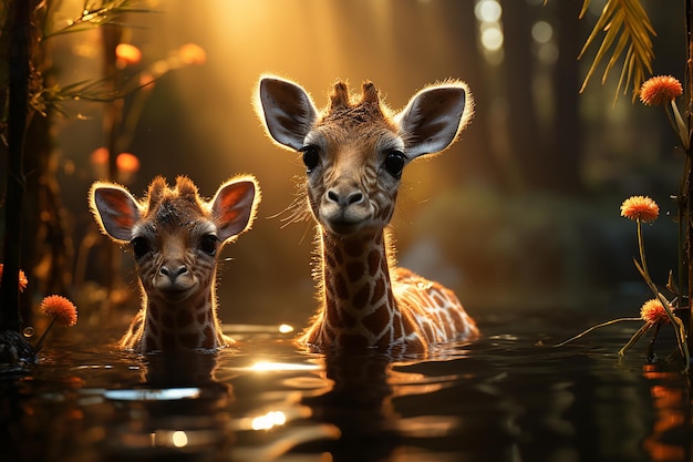 Large Photo of a Baby Giraffe Near the Mother and Two Giraffes