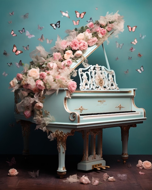 Photo large piano adorned with flowers