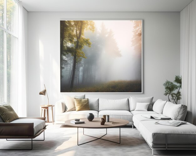 A large picture of a forest is hanging on a wall.