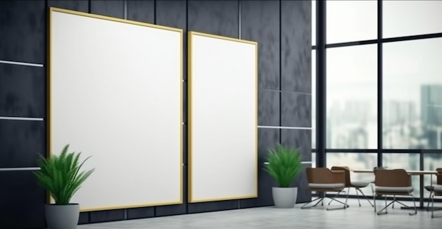 A large picture frame in an office with a plant next to it.