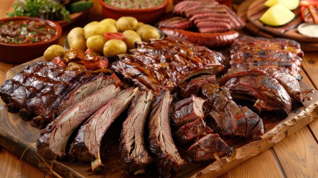 A large piece of Argentinian beef with ribs and potatoes on a wooden cutting board