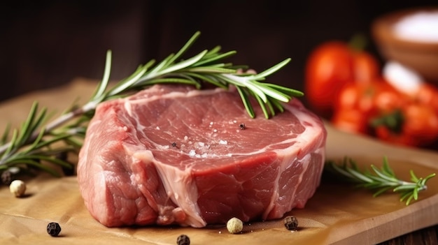 A large piece of meat on a cutting board with a sprig of rosemary on it.