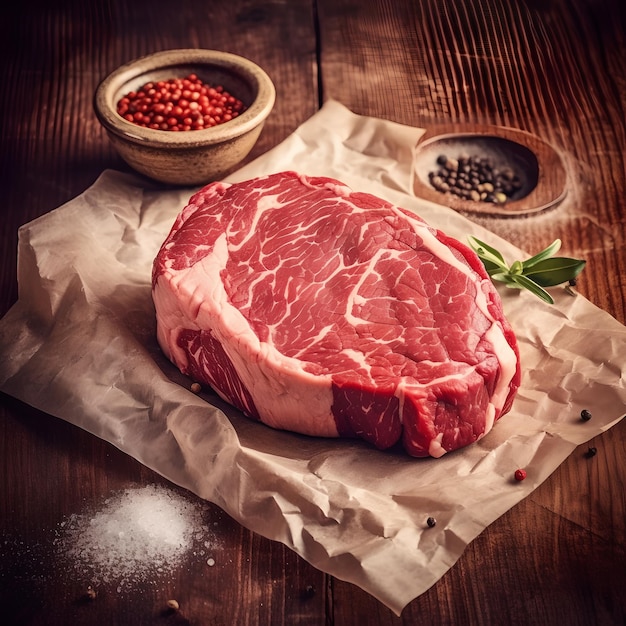 A large piece of meat with a bowl of red pepper and a bowl of red pepper.