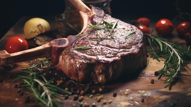 A large piece of meat with herbs and spices on top of a wooden cutting board