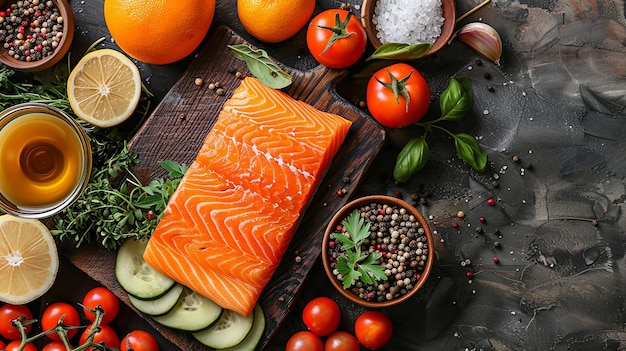 A large piece of red fish on a board with fresh vegetables top view