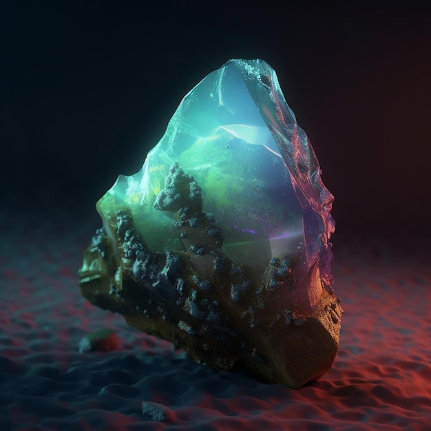 A large piece of rock with a blue and green light on it.