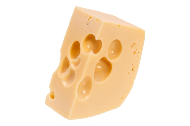 Large piece of yellow maasdam cheese with holes isolated on white background. milk product. High quality photo