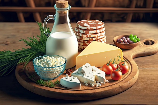 Large pieces of dairy product cheese and bowl of cottage cheese