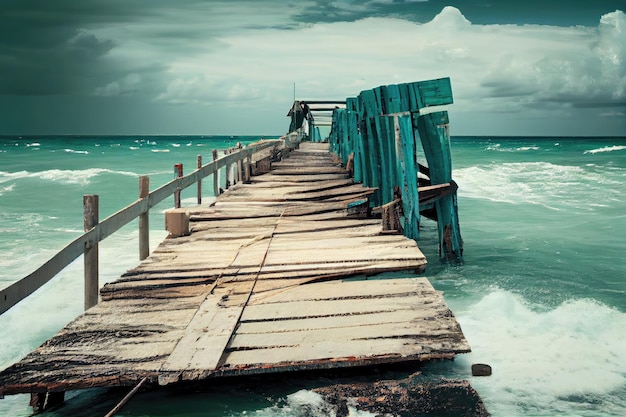 Large pier after hurricane in caribbean sea