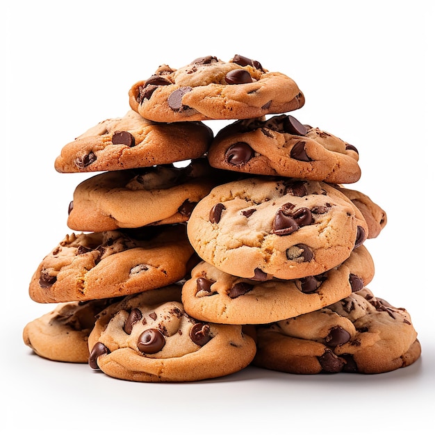 a large pile of chocolate chip cookies isolated on white