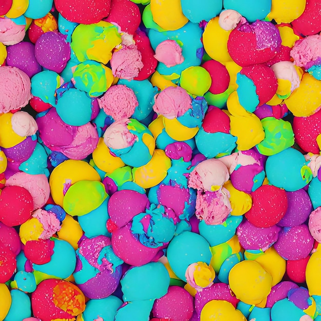 A large pile of colorful candy is shown with the word ice cream on it.