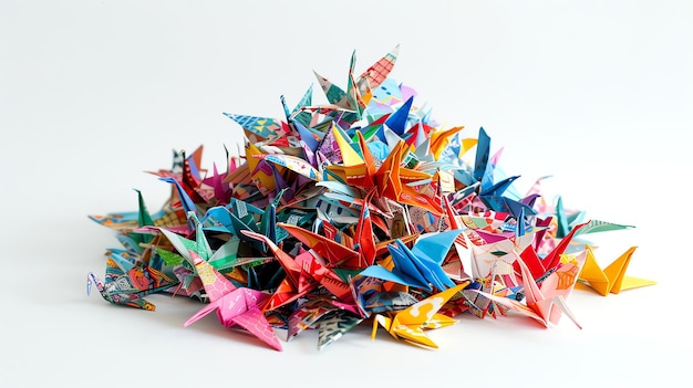 A large pile of colorful origami cranes on a white surface