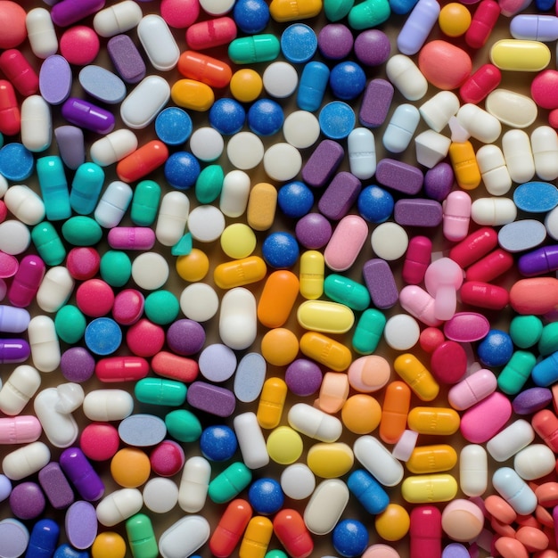 A large pile of colorful pills with one that says'do not touch'on it