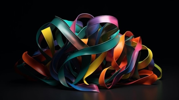 A large pile of colorful ribbons is shown on a black background.