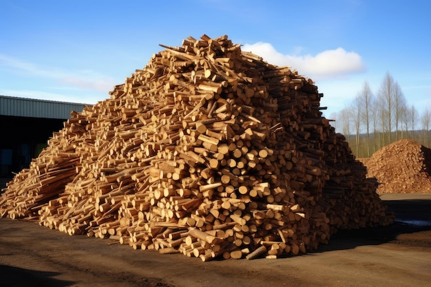 Large pile of cut firewood at lumber yard