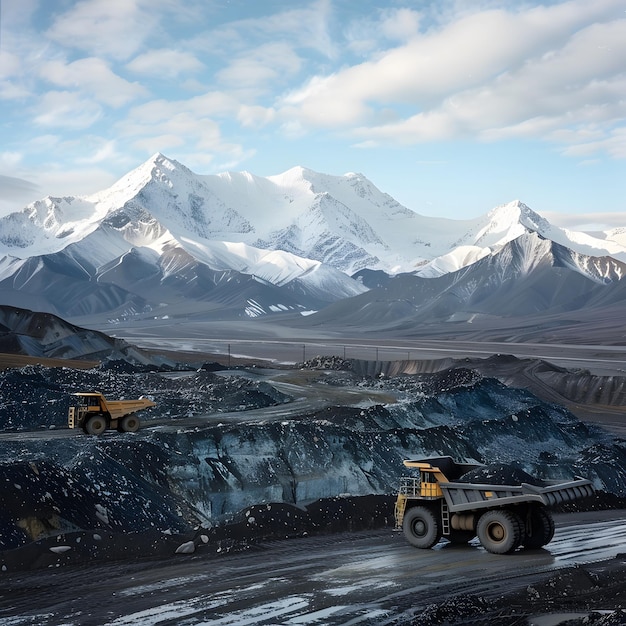 a large pile of dirt with mountains in the background