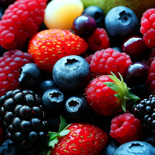 A large pile of fruits including raspberries, blackberries, and blueberries.