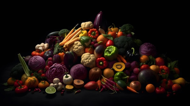 A large pile of fruits and vegetables on a black background.