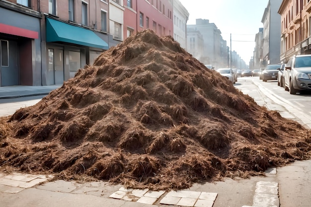 A large pile of manure blocked the city street Farmers protest