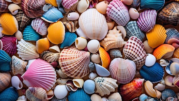 A large pile of multicolored sea shells