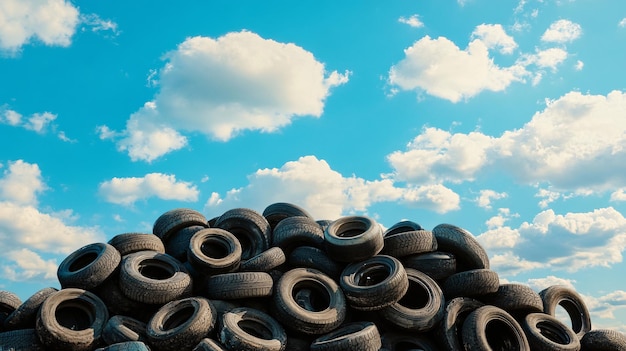 Photo large pile of old worn tires filling the landfill reaching for blue sky