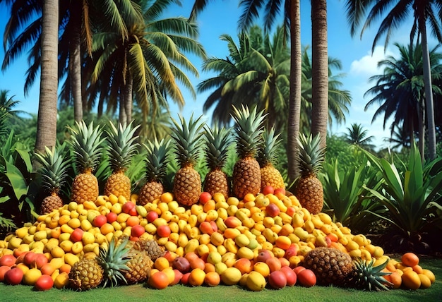 A large pile of pineapples and a palm tree