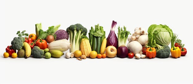 Large pile ripe fruits and vegetables isolated on white background