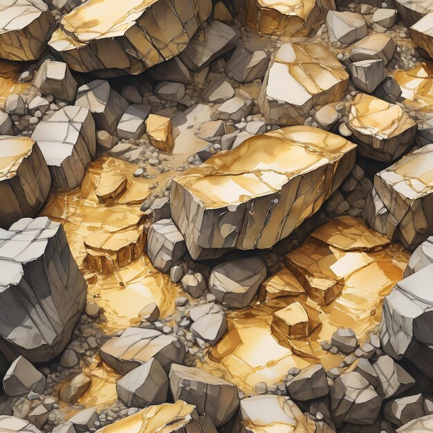 a large pile of rocks with a yellow color on the top