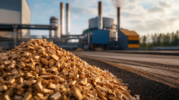 Photo a large pile of wood chips at a biomass power plant illustrating renewable energy production and sustainable practices