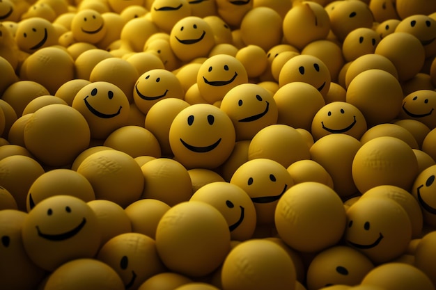 A large pile of yellow balls with smiley faces on them.