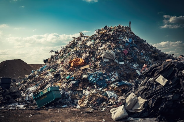 Large piles of industrial trash on dump site overflowing garbage